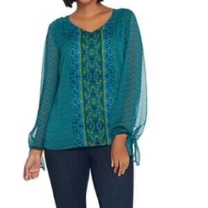 Belle by Kim Gravel Blue Green Bohemian Border Print TieSleeve Blouse Size Small
